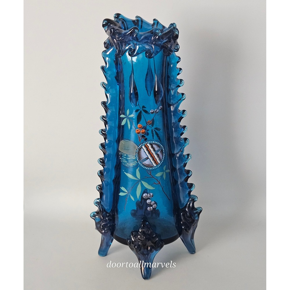 Auguste Jean Antique Blue Footed Vase Art Nouveau Enamel Paint Berries Tall 12"
